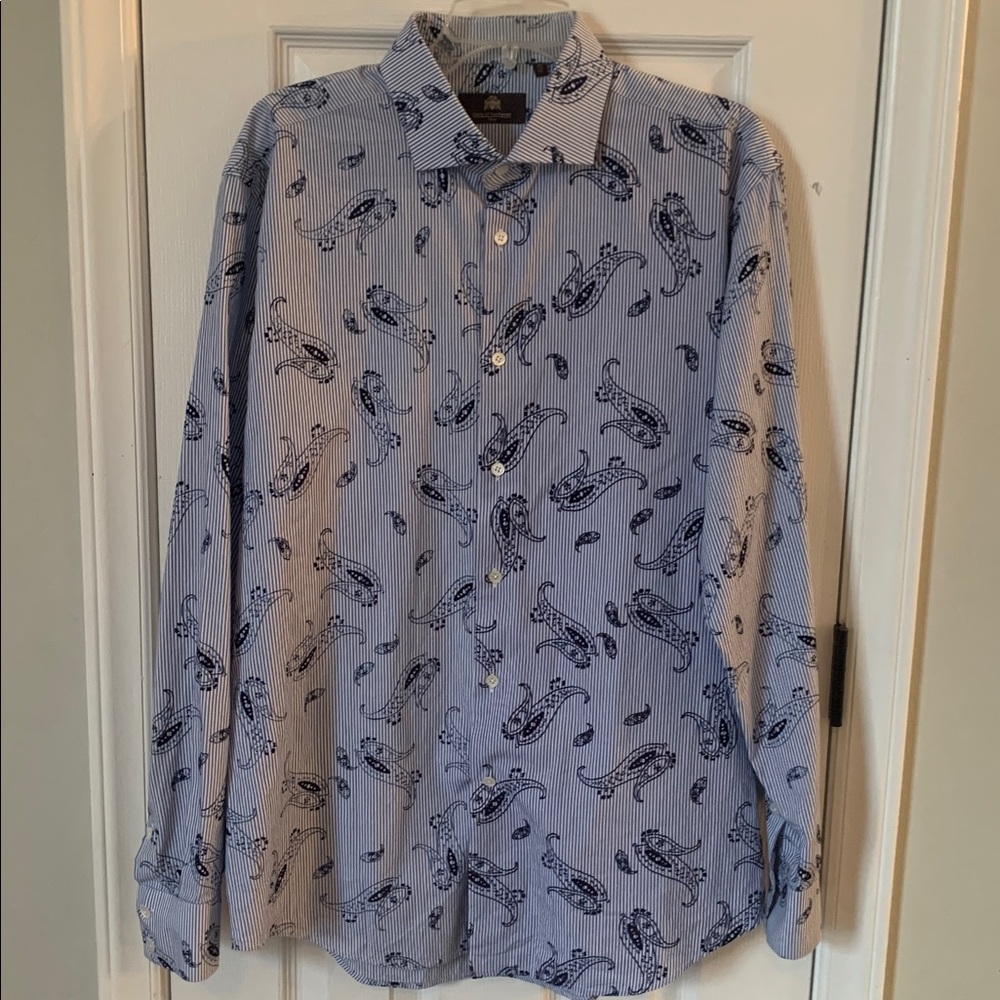 Circle of Gentleman Men’s Dress Shirt 17 Blue White Stripes w/Paisley
